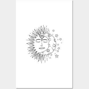 Celestial Sun Moon Black and White Posters and Art